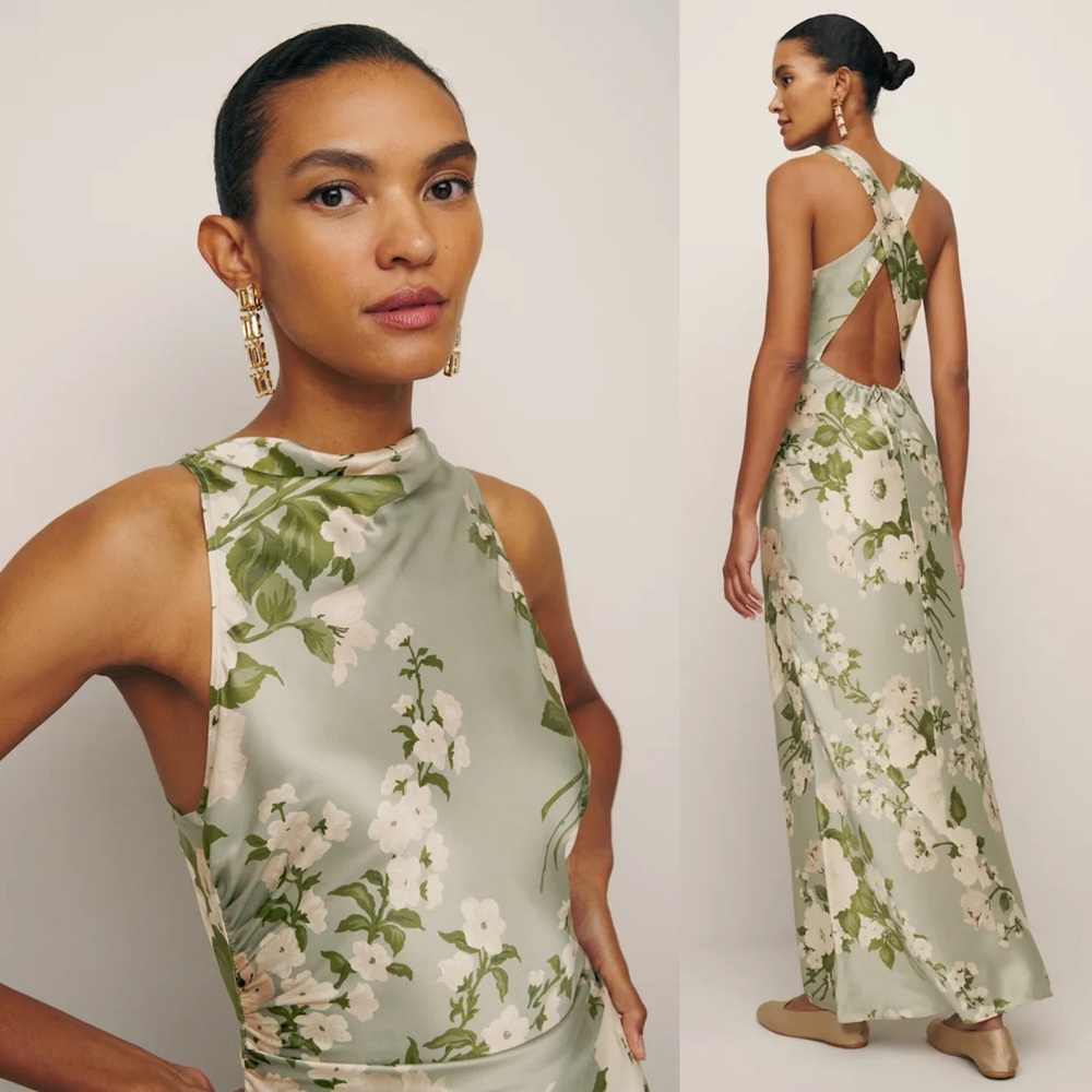 Reformation Anaiis Silk Cross Strap Maxi Dress Tarragon Floral Green - Picture 7 of 7